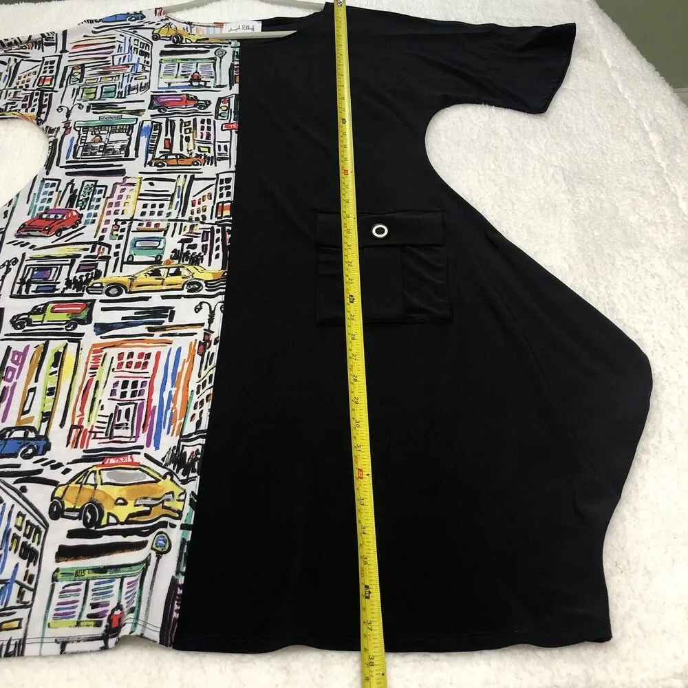 Joseph Ribkoff Dress Size 14/XL Black City Print Jersey Stretch Artsy Whimsical